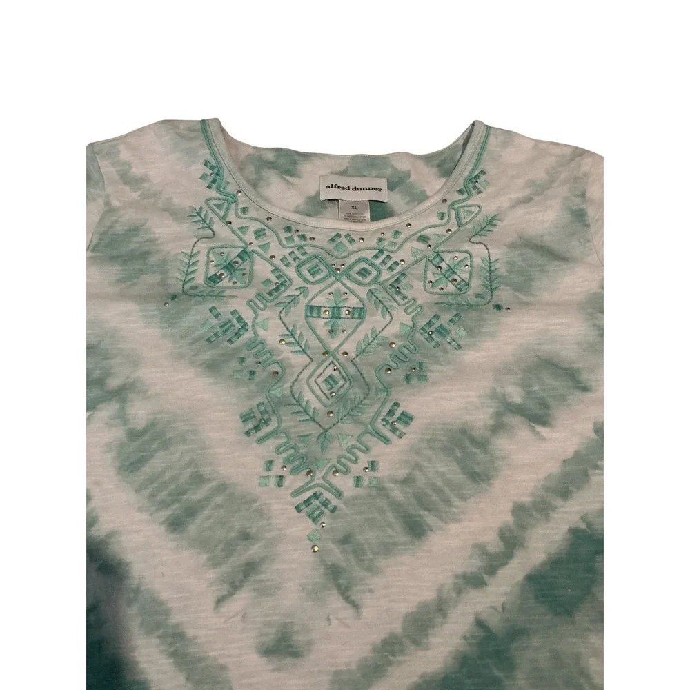 Alfred Dunner Top Womens XL Green Tie Dye‎ Embroidered Studded Slub